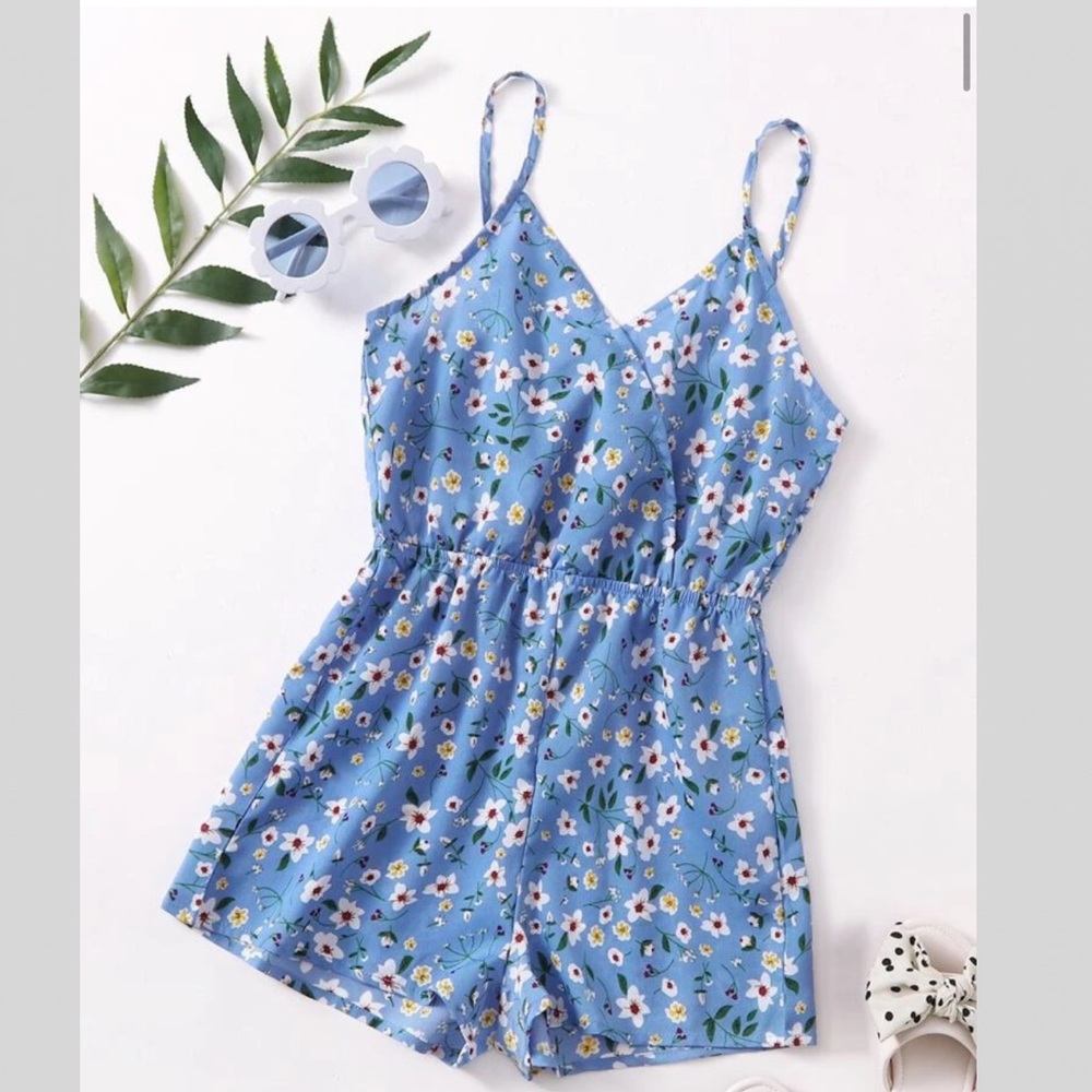 SHEIN Girls Floral & Pants Print Romper